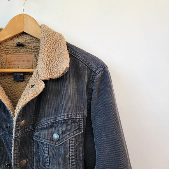 Abercrombie Fitch Jacket Men's XL Sherpa Lined Corduroy Charcoal Gray Vintage - Picture 3 of 16